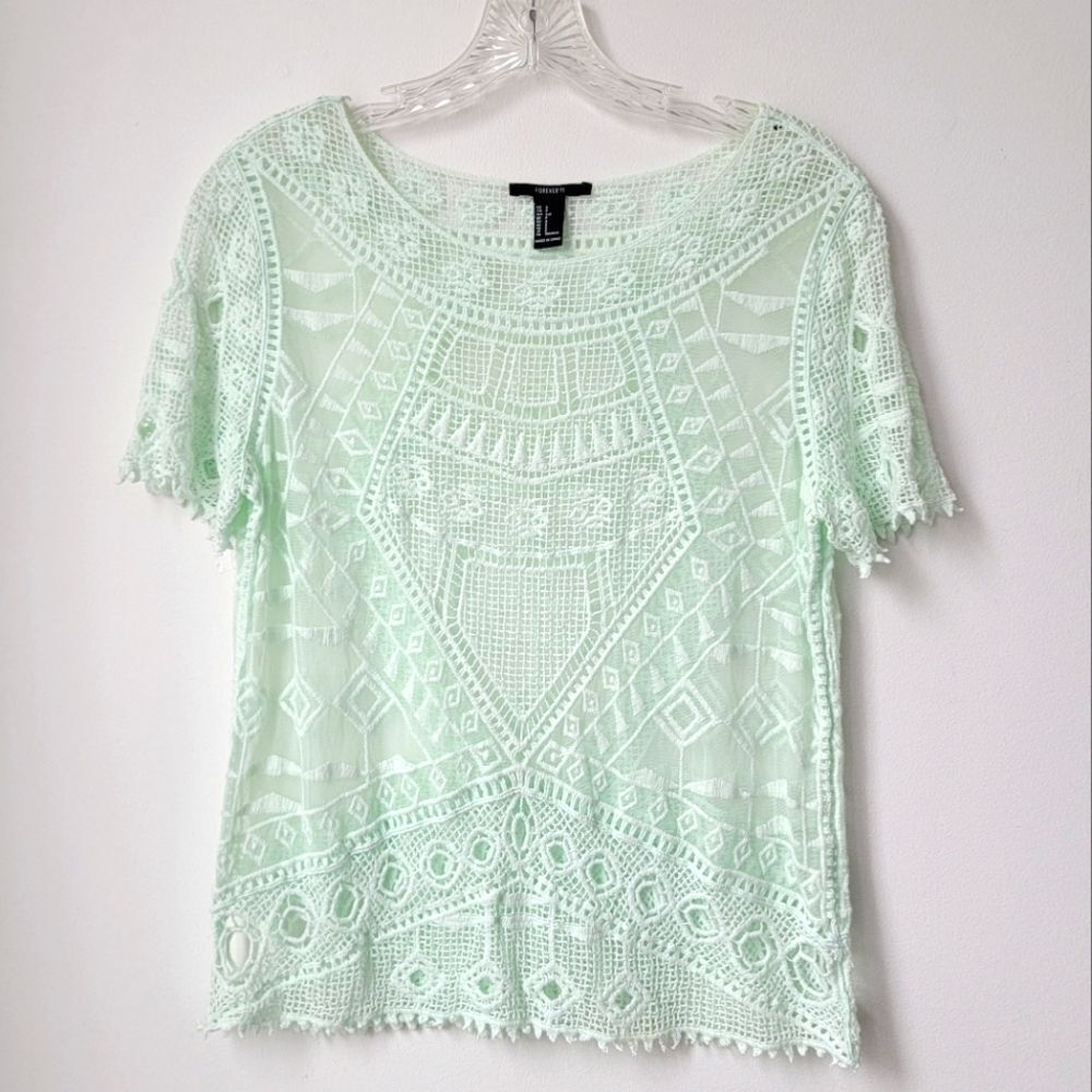 FOREVER 21 Mint Green Crocheted Short Sleeve Shirt See-through Size Small